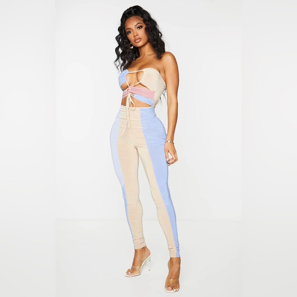 PrettyLittleThing Pants - PrettyLittleThing Strapless Cream and Blue Jumpsuit
